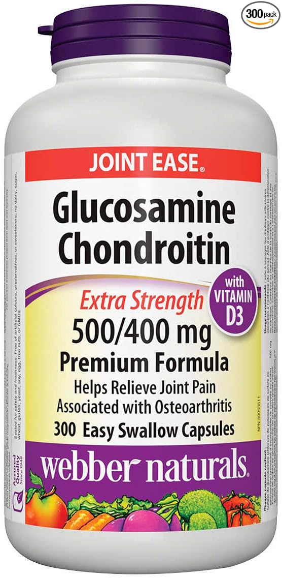 Webber Naturals Glucosamine Chondroitin with vitamin D3 extra strength 500/400 mg Premium Formula 300 Easy swallow capsules