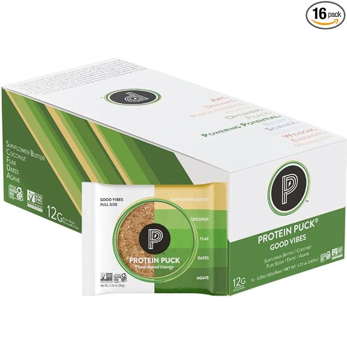 Protein Puck Plant Based Bars | Snacks with Vegan Protein | 16 Count | 3.25 oz Full Size | Gluten Free Non Dairy Kosher Certified Non GMO Premium Healthy Bars | Good Vibes