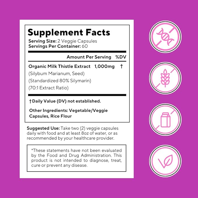 Vitapia Organic Milk Thistle Extract 70:1 Supplement - Liver Cleanse Detox &amp Repair Liver Health Support Antioxidants - 120 Vegan Capsules Non GMO Gluten Free