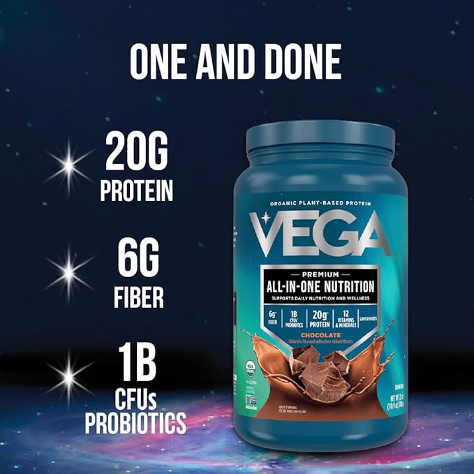 Vega All in One Nutrition Organic - 20g Plant-Based Pea Protein Chocolate 17 Servings Vitamins A &amp C Probiotics Greens Vegan Keto Gluten Free 25oz (Packaging May Vary) (Pack of 12)