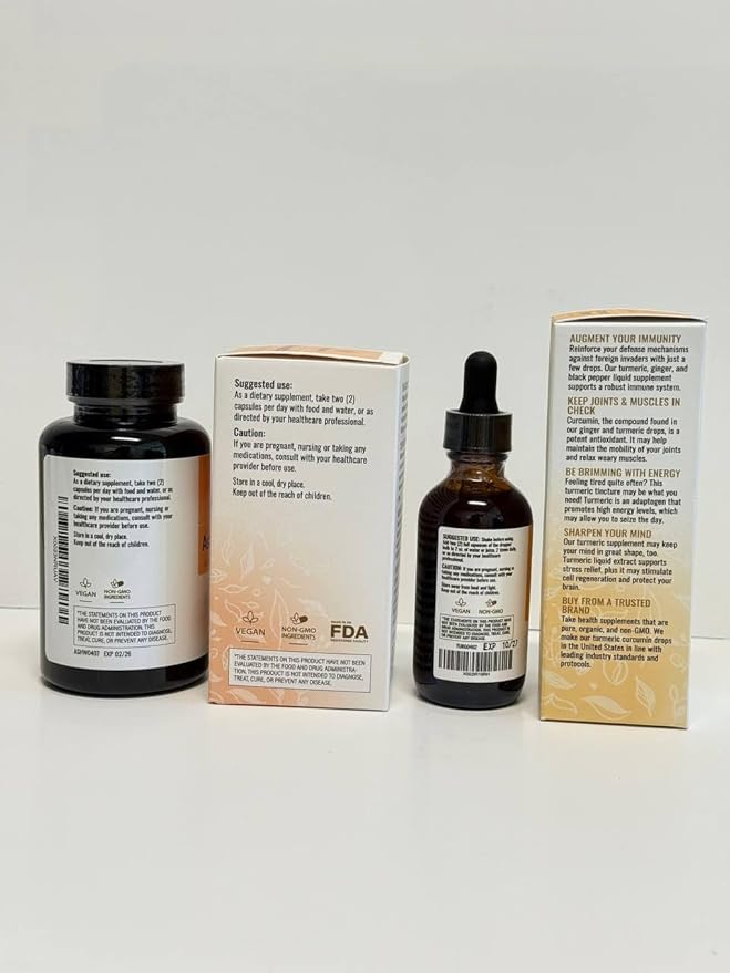 HERBAMAMA Ashwagandha and Turmeric Ginger Kit - Bundle of 1500 mg Ashwagandha Root Capsules &amp Turmeric Ginger Tincture 2 fl oz - Vegan Non-GMO Sugar &amp Alcohol-Free - 2 Pack