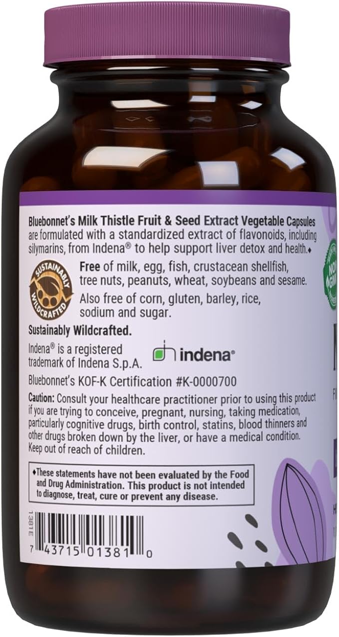 Bluebonnet Nutrition Milk Thistle Fruit &amp Seed Extract Liver Health* Non-GMO Vegan Kosher Certified Gluten-Free Soy-Free 120 Vegetable Capsules 120 Servings