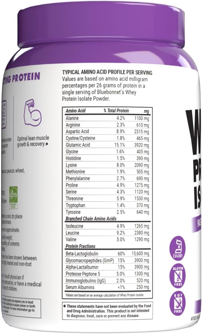 Bluebonnet Nutrition Whey Protein Isolate Powder from Grass Fed Cows No Sugar Added Gluten &amp Soy Free Kosher Dairy 17.6 Oz