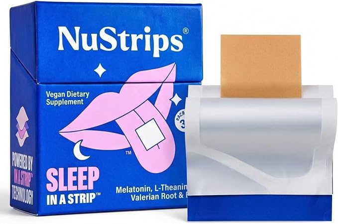 NuStrips™ Fast-Dissolving Sleep Strips with 5mg Melatonin Valerian Root L-Theanine &amp Vitamin B6 – Blueberry Flavor - Natural Sleep Aid Vegan Non-GMO Gluten Free – Fall Asleep Fast (30 Strips)