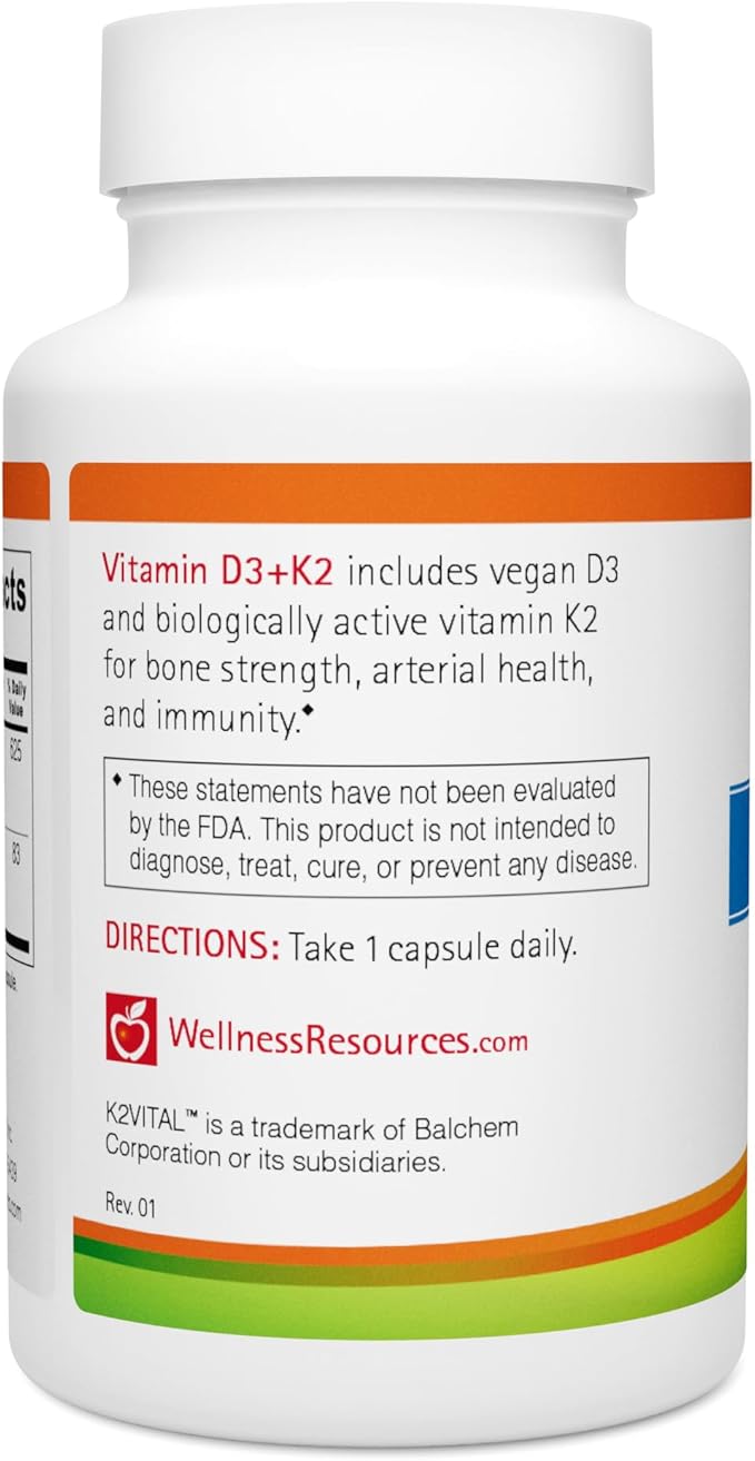 Wellness Resources Vegan Vitamin D3 5000 IU and Vitamin K2 100 mcg 2 in 1 Vitamin D3 K2 MK-7 for Bone Health Immunity &amp Arterial Health Plant Based D3 MK7 Vitamin D Third Party Tested 60 Capsu