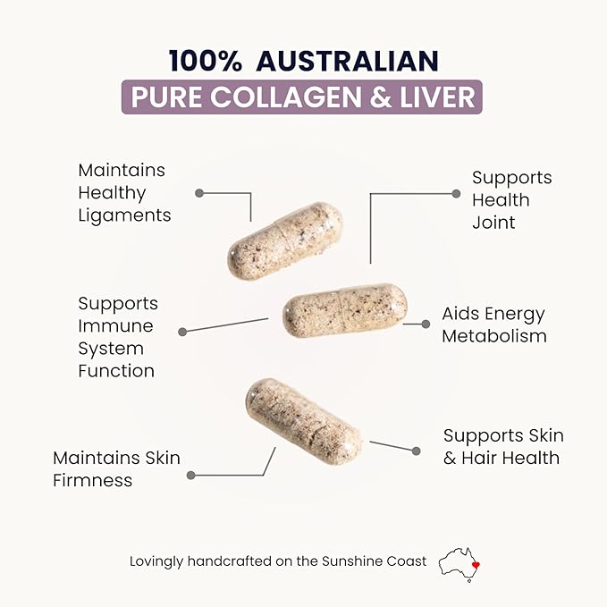 Organic Collagen Australia Pure Collagen &amp Liver Capsules – Muscle Strength &amp Vitality with Hydrolyzed Collagen Grass-Fed Liver and Vitamin B12 – 120 Capsules