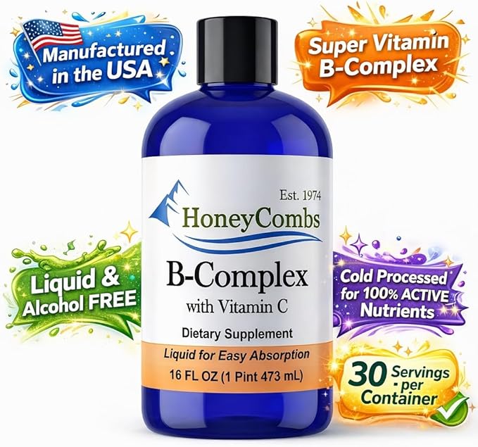 HoneyCombs Liquid Vitamin B Complex Drops B-Complex Supplement with B12 B6 B1 B2 B3 B5 B7 B9 + Vitamin C – Methylated Multivitamin Liquid Vitamins for Energy Support – Fast Absorbing Vegan USA