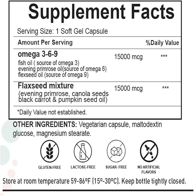 H4U Omega 3-6-9 Supplement with Flax Seed Evening Primrose Canola Black Currant and Pumpkin Seed Oils. Supports Heart Joint and Skin Health. Non-GMO and Gluten-Free. 90 softgels.