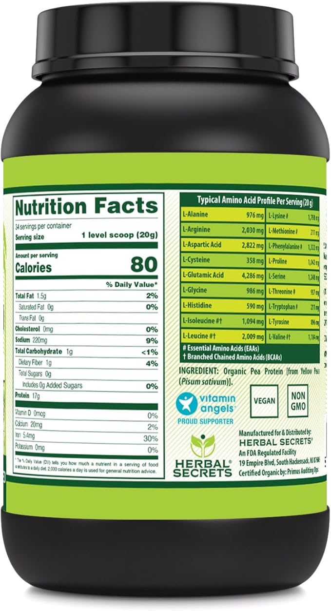 Herbal Secrets Organic Pea Protein Powder | 2 Lbs. | 17 Grams Protein Per Serving | 4.2 Grams BCAA Supplement | Non-GMO | Gluten Free | Made in USA