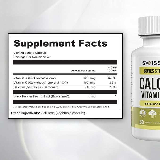 Swiss Activa+ Labs Calcium with Vitamin D3 &amp K2 – Vegan Non-GMO Bone &amp Teeth Support Supplement – Immune &amp Muscle Function – Heart Health D3 K2 Vitamins for Men &amp Women Gluten–60 Day
