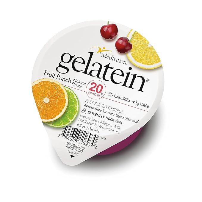 Gelatein Fruit Punch: 20 grams of protein. Sugar free. Ideal for clear liquid diets swallowing difficulties bariatric dialysis and oncology. Great pre or post-workout snack. (36 pack)