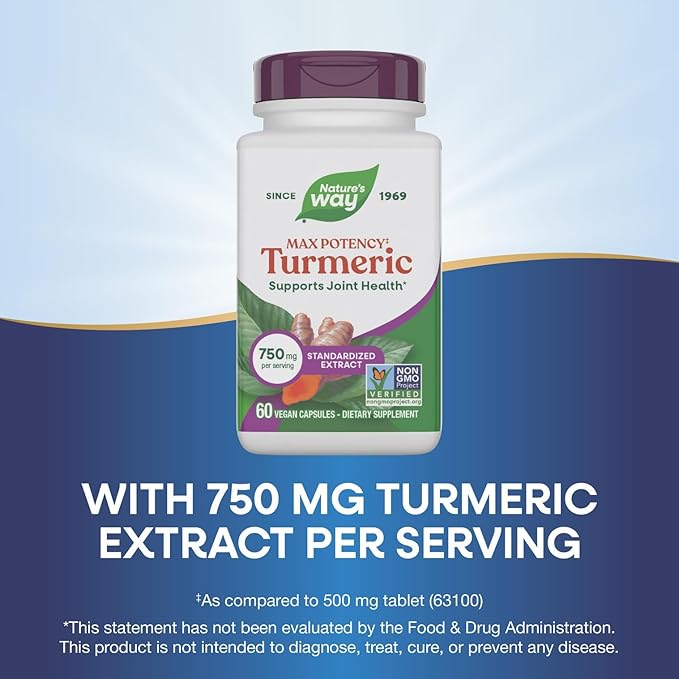 Nature's Way Premium Extract Turmeric Max Potency‡ Standardized to 95% Curcuminoids 750 mg per serving 60 VCaps