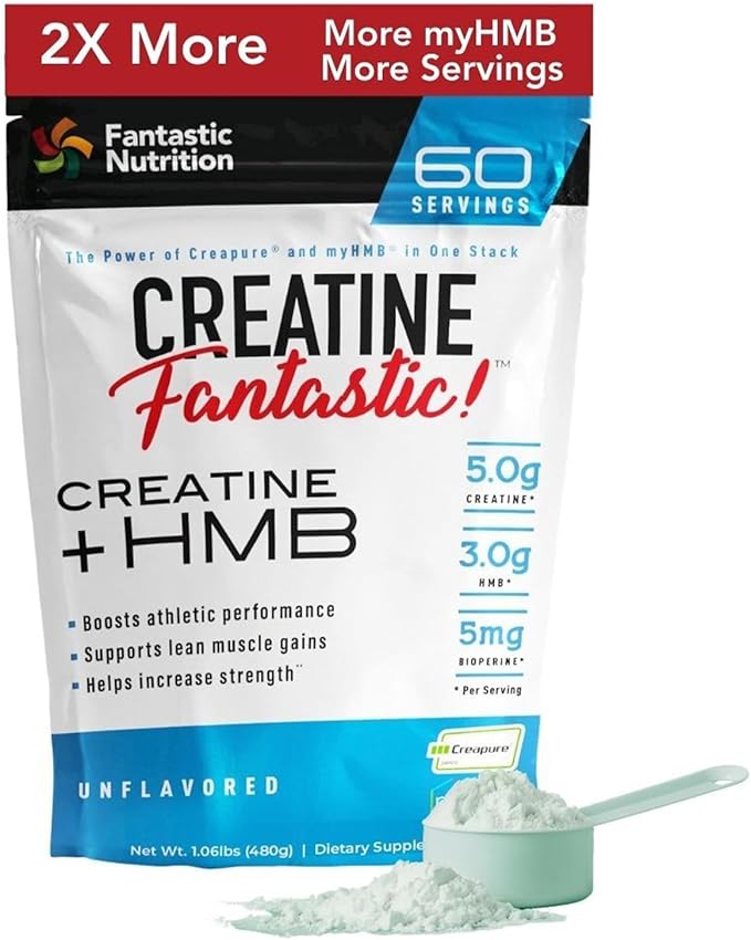 Fantastic Nutrition's Creatine + HMB — Clinically Dosed 5g Creapure German Creatine Monohydrate Plus 3g myHMB for Strength Lean Muscle &amp Recovery — 60 Servings Unflavored