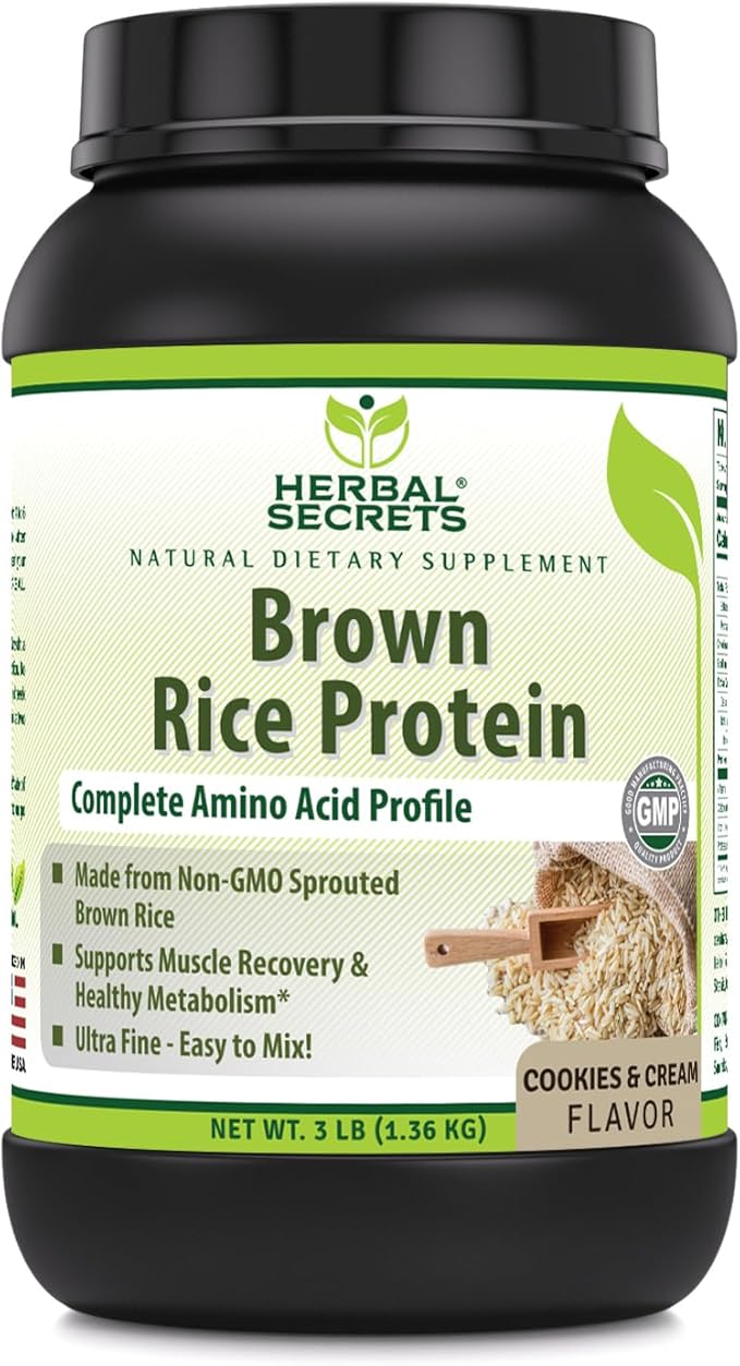 Herbal Secrets Brown Rice Protein Supplement | 3 Lb Powder | 12 Grams Protein per Serving | Vegan | Made in USA (3 Lb Cookies &amp Cream)