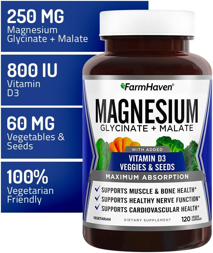 FarmHaven Magnesium Glycinate &amp Malate Complex w/Vitamin D3 100% Chelated for Max Absorption- Bone Health Nerves Muscles 240 Capsules 120 Days