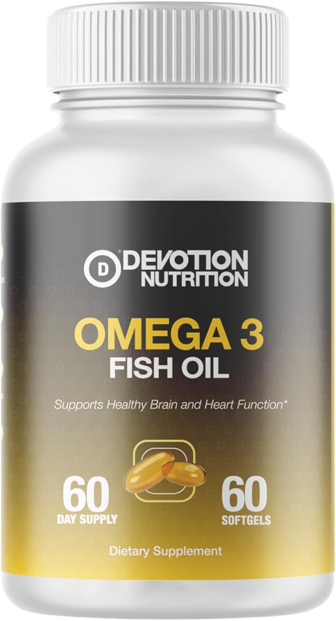Devotion Nutrition Omega-3 Fish Oil Softgels – 720 mg EPA &amp DHA per Softgel – Heart Brain &amp Joint Support – High Potency Fish Oil – 60 Softgels – Gluten Free – Made in USA