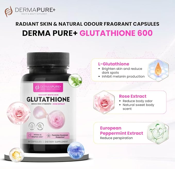 Dermapure Glutathione Whitening Pills 2-in-1 600mg with Rose Oil Extract – Skin Lightening &amp Deodorant Supplement - Dark Spots Acne Scars &amp Hyperpigmentation – Made in USA 60 Capsules (1 Pa