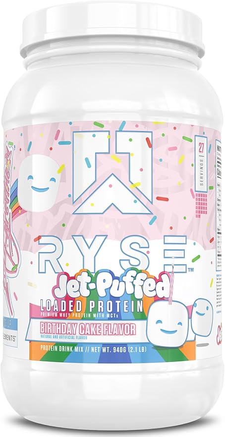 RYSE Loaded Protein Powder - Jet-Puffed Birthday Cake - 25g Whey Protein Isolate &amp Concentrate with Prebiotic Fiber &amp MCTs - Low Carb Low Sugar Digestive-Friendly - 27 Servings / 2 lb Tub