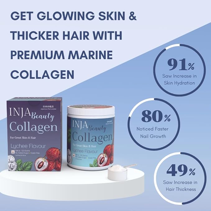 INJA Wellness Beauty Marine Collagen Supplement for Women Men Vitamin C Collagen with Japanese Formulation Healthy Joints Muscles Skin and Hair Sugar and Gluten Free Lychee Flavor 125gm