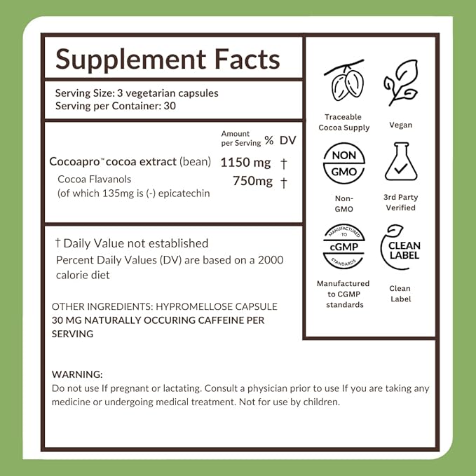 CocoaVia Ultra 750mg Cocoa Flavanols – Heart &amp Brain Support Memory &amp Blood Circulation Booster High Flavanol Cocoa for Nitric Oxide Energy &amp Oxygen Boost Vegan Gluten-Free 30-Day Su