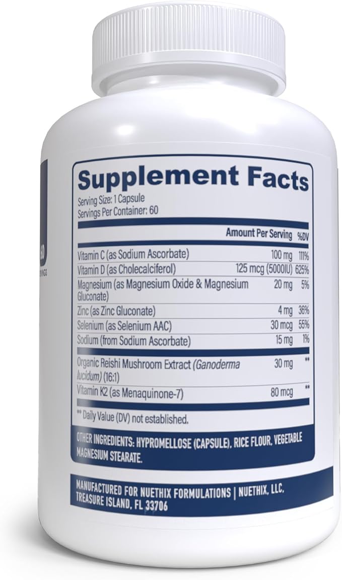 NuEthix Formulations NU-D3 + K2 - Vitamin D3 and K2 5000 iu Supplements - Packed with Reishi Mushroom Magnesium &amp Zinc - 60ct 60 Servings - Made in USA Products Only