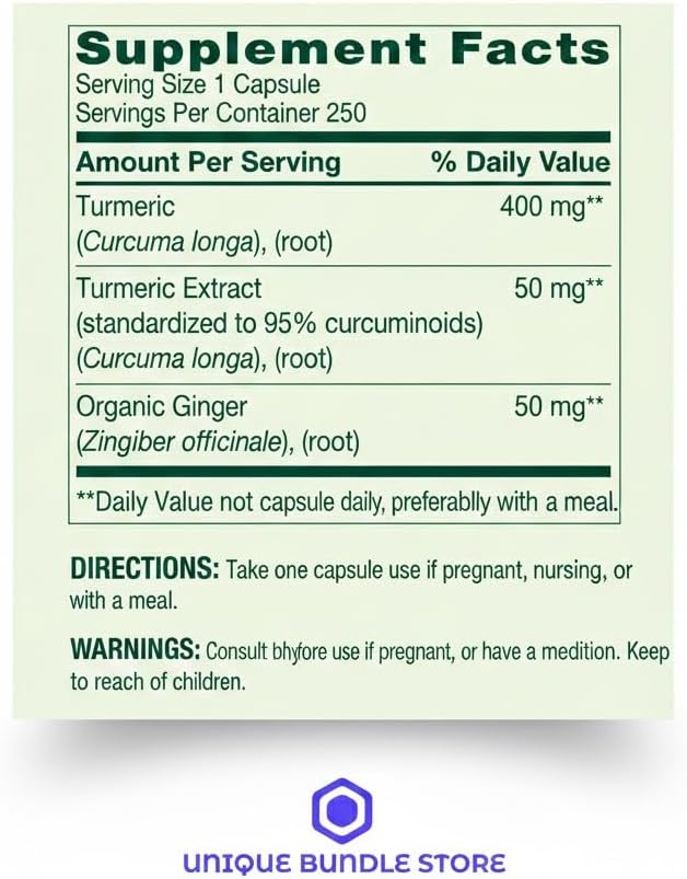 Turmeric Curcumin Supplement with Organic Ginger Powder 500 mg Tumeric Capsules 250 Vegetarian Count.