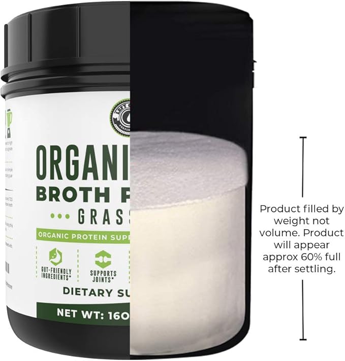 16oz Organic Bone Broth Protein Powder from Grass Fed Beef - USDA Certified Organic Single Ingredient Rich in Collagen Glucosamine No Additives Perfect for Carnivore Paleo and Keto Diets