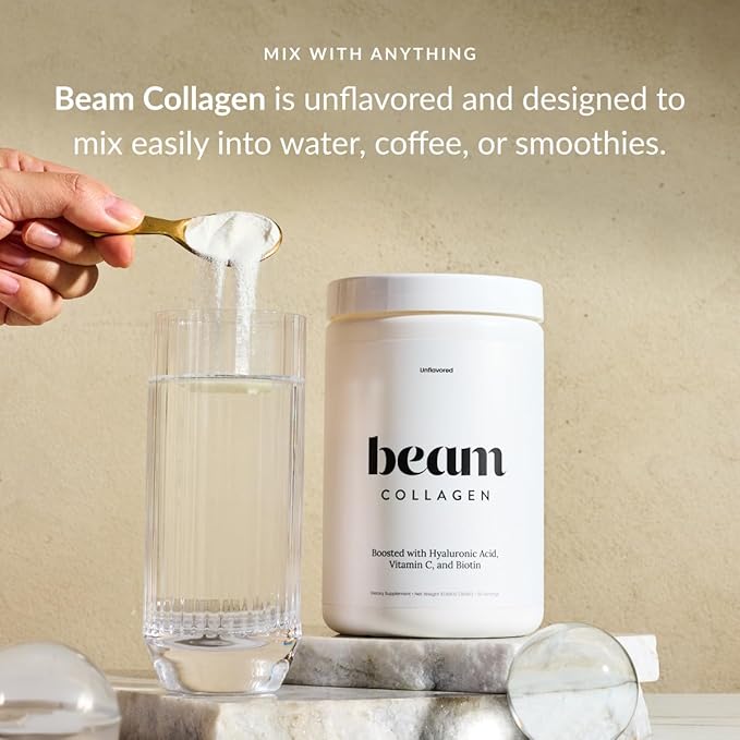 Beam Collagen Powder Collagen for Women Collagen with Hyaluronic Acid Collagen Peptides Type 1 and 3 with Biotin Grass Fed Bovine Third-Party Tested Best for Coffee Vitamin C 30 Servings