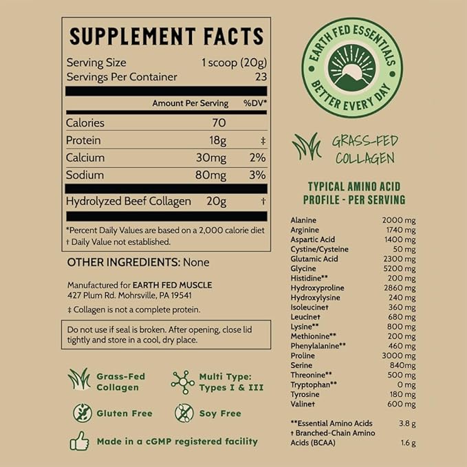 Earth Fed Muscle Collagen Peptides Powder – Unflavored Collagen Protein Powder for Women &amp Men | Supports Hair Skin Nails Joints &amp Recovery | Sugar &amp Gluten-Free Keto Friendly 20g Per