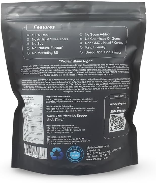 2Pure Chai Protein Powder - Keto Unsweetened Low Carb Gluten Free Non-GMO | 26G Milk Protein Isolate Powder - 30 Servings (2 Pound Real Chai Spices)
