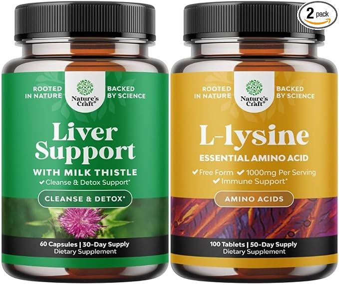 Bundle of Milk Thistle Liver Support Supplement and L Lysine 1000mg Nutritional Supplements - Herbal Liver Supplement with Silymarin Milk Thistle - L-lysine Essential Amino Acids Supplement