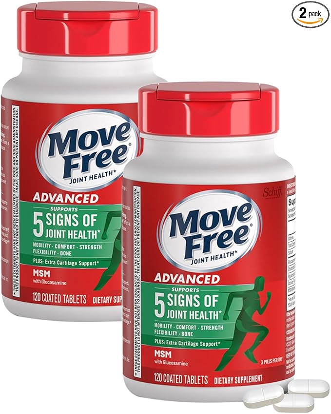 Move Free Advanced Plus MSM Coated Tablets Joint Health Supplement with Glucosamine and Chondroitin 120 Count Pack of 2