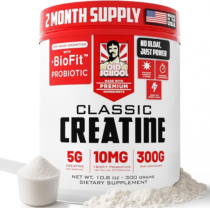 Old School Labs Micronized Creatine Monohydrate with No Bloat BioFit™ Probiotic - Men &amp Women Post-Recovery Powder for Strength &amp Performance - 60 Servings Unflavored