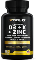 Vitamin D K2 K1 Zinc Quercetin Elderberry Turmeric Ginger &amp Echinacea Whole Food Supplement 8 in 1- D3 5000 IU Plant-Based from Lichen Vitamin K (K2 MK7 MK4 K1) D3 K2 Vitamins -120 Caps