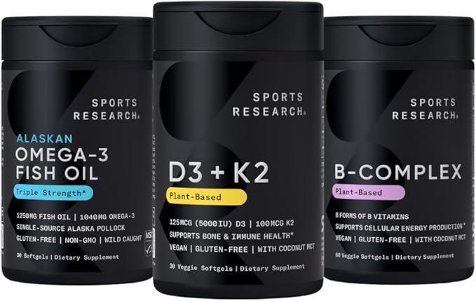 Sports Research® Multivitamin Pack - Vegan Vitamin D 5000iu &amp Mk7 Vitamin K 100mcg Omega-3 Fish Oil 1250mg and Vitamin B-Complex with Methylated B12 &amp Folate