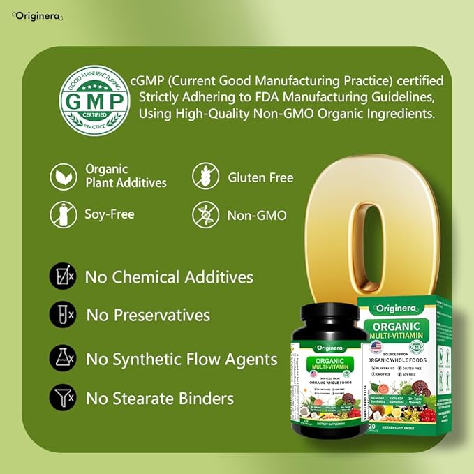 Organic Whole Foods Supplement Multi-Vitamin: Immune Brain &amp Heart Support | with Prebiotics and Postbiotics | Vegan Capsules for Men &amp Women. Gluten &amp Soy Free - 120 Plant-Sourced Capsu