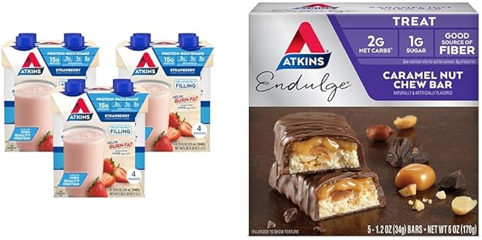 Atkins Protein Shake 15g Protein 2g Net Carb 12 Count &amp Endulge Caramel Nut Chew Bar 1g Sugar 5 Count Bundle