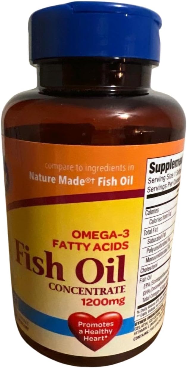 Generic Omega-3 Fatty Acids Fish Oil Concentrate 1200mg 100 Softgels Promotes Healthy Heart Purified to Eliminate Mercury Dietary Supplement Yellow