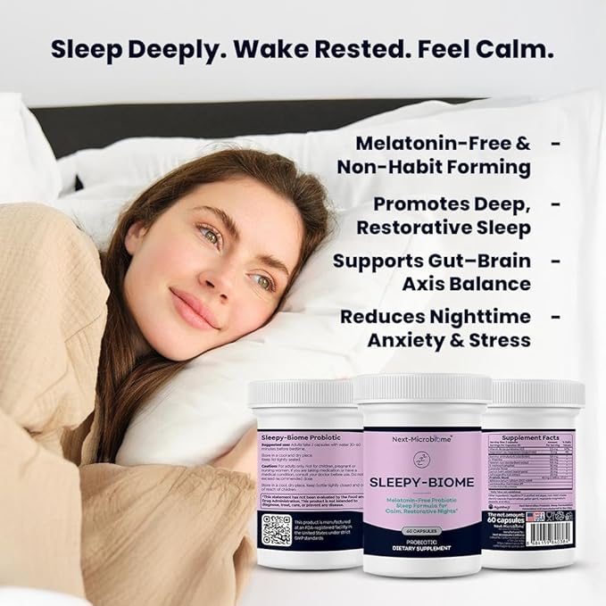 Sleepy-Biome – Melatonin-Free Probiotic Sleep Formula with GABA L-Theanine 5-HTP Valerian Lavender Lemon Balm &amp Ashwagandha – Gut-Brain Axis Support for Calm Restorative Sleep – 60 Capsules