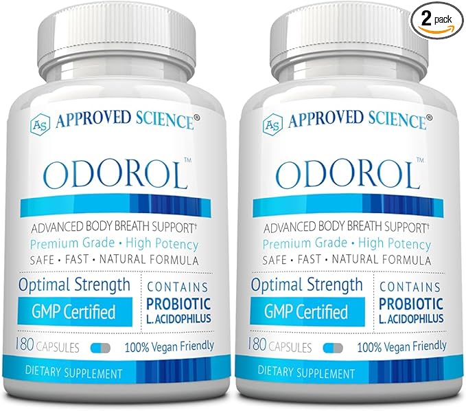 Approved Science Odorol - 180 Capsules - Freshen Bad Breath and Body Odor - Contains L.acidophilus Green Tea Magnolia Bark Peppermint Oil and Fennel - Pack of 2