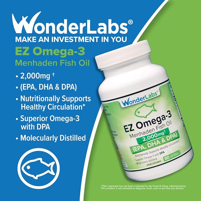 Wonder Laboratories EZ Omega-3 Atlantic Menhaden Fish Oil Supplement 2000 mg Burpless Made in The USA Perfect Balance of EPA+ DHA + DPA 180 Softgels