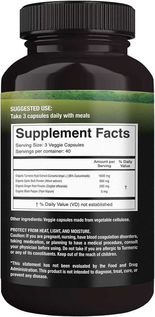 100% Raw and Organic Turmeric Curcumin Capsules. Certified Organic Gluten-Free Non-GMO and Caffeine-Free. Enhanced with Garlic Ginger and Black Pepper 500mg 120 Vegan Capsules
