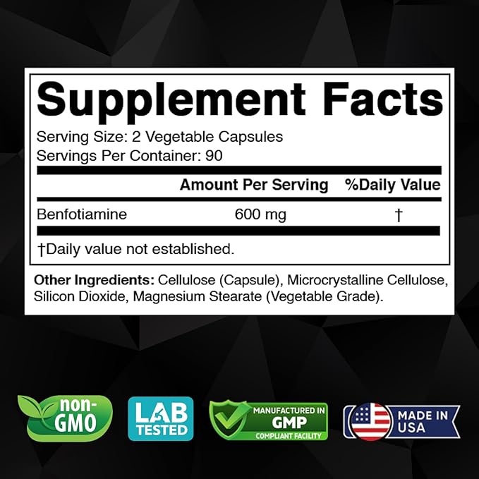 Benfotiamine 600mg – 180 Vegetarian Capsules – Fat-Soluble Vitamin B1 Supplement- 2 Pack