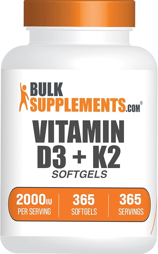 BulkSupplements.com Vitamin D3 + Vitamin K2 Softgels - D3 K2 Vitamin Supplement - Gluten Free 1 Softgel per Serving (2000IU) 365 Count (Pack of 1)