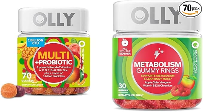 OLLY Multi + Probiotic Adult Multivitamin Gummy 1 Billion CFUs Digestive and Immune Support &amp Metabolism Gummy Rings Apple Cider Vinegar Vitamin B12 Chromium Energy and Digestive Health