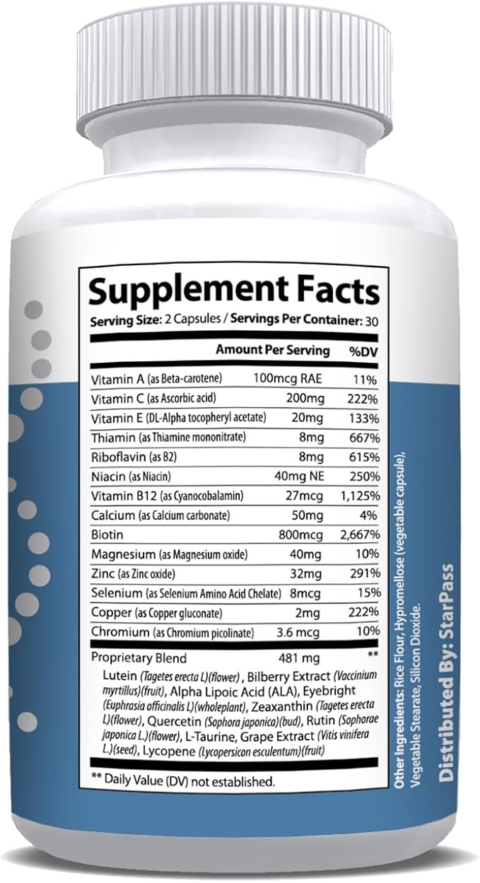 #1 Complete Research Vision Formula Advanced Eye Health Vitamin &amp Mineral Supplements for Adults w/Bilberry Lutein Zeaxanthin Lycopene Resveratrol | Supports Eye Strain Dry Eyes 60 Capsules