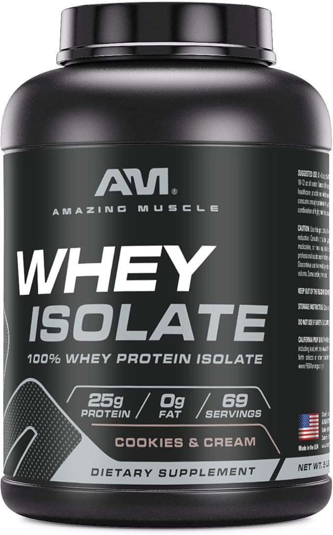 Amazing Muscle Whey Protein Isolate Powder | 25 Grams Protein Per Serving | 100% Whey Isolate | Zero Fat | Made in USA (5 LB Cookies &amp Cream)