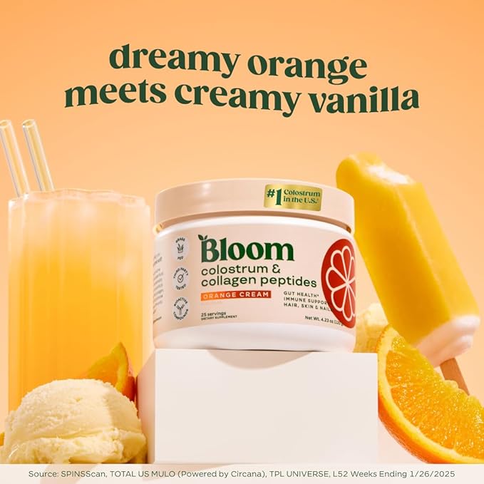 Bloom Nutrition Bovine Colostrum Powder with Vitamin B-12 for Gut Health Immune Support Hair Growth &amp Beauty Supplement | Orange Cream 25 Servings