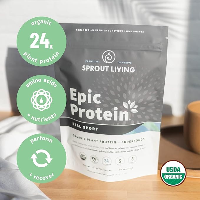 Sprout Living Epic Protein Plant Based Protein &amp Superfoods Powder Real Sport | 24 Grams Organic Protein Powder Recovery Vegan Non Dairy Non-GMO Gluten Free Low Sugar (1 Pound 12 Serving