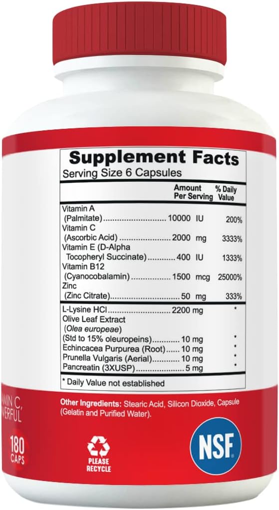 HRPVA Cold Sore Clear Skin Immune Support Supplements Vitamins Canker Sore Treatment L-lysine Olive Leaf Pancreatin B12 Vitamin C B-Complex Prunella Vulgaris Vitamin E ECHI